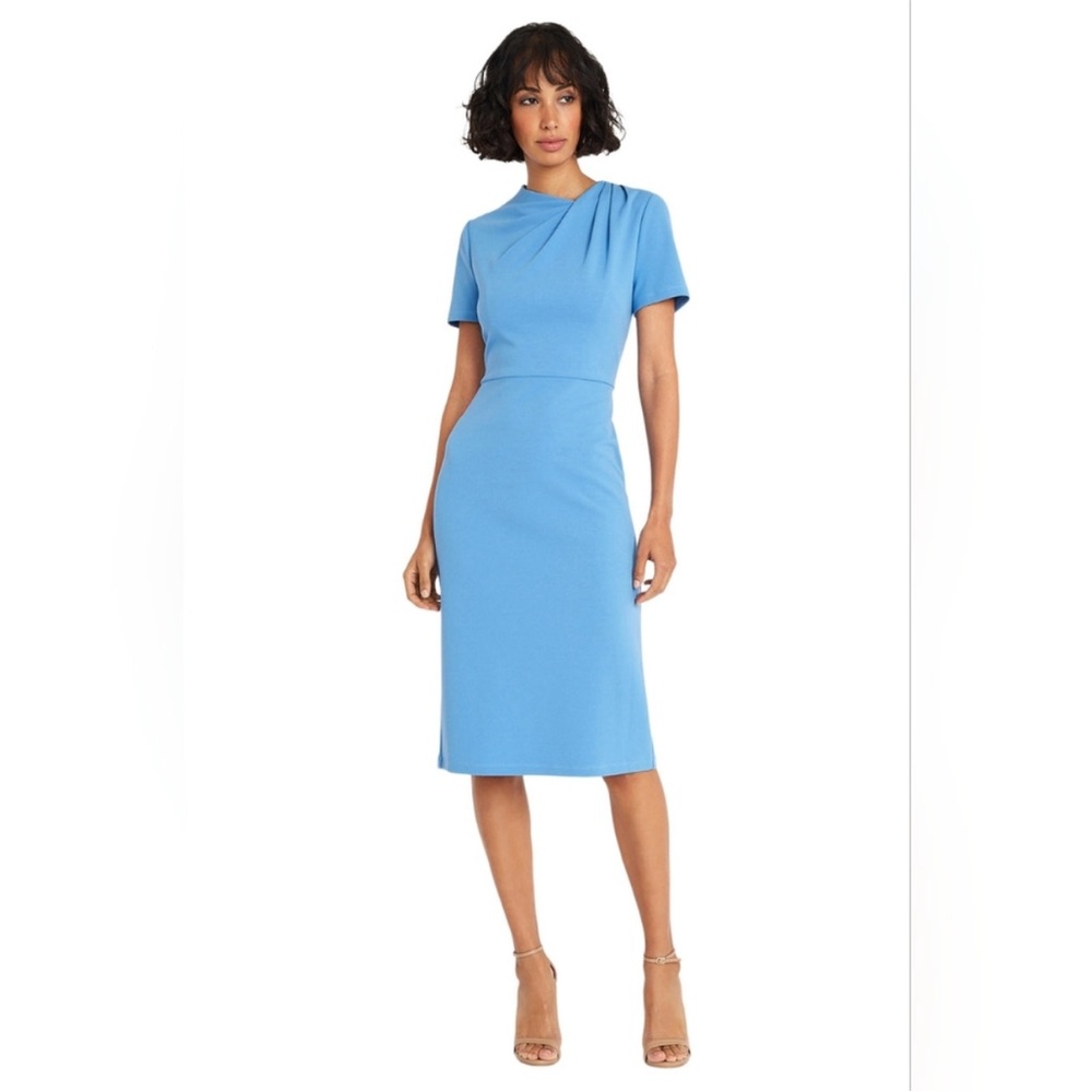 Maggy London Stretch Crepe Twist Crew Neck Short Sleeve Sheath Dress
